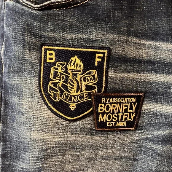 Born Fly Men's 36 ANYTOWN USA Y2K Grunge Distressed Denim Jeans Patchwork Zip - Picture 4 of 13